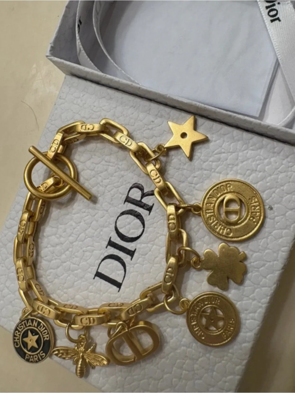 Dior Multi Charm Vintage Gold Bracelet CD Bee Star Clover Coin Charms